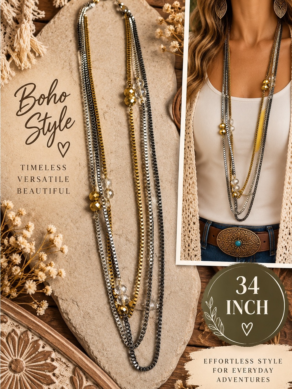 746 Boho Multi-Strand Necklace in Gold and Gunmetal